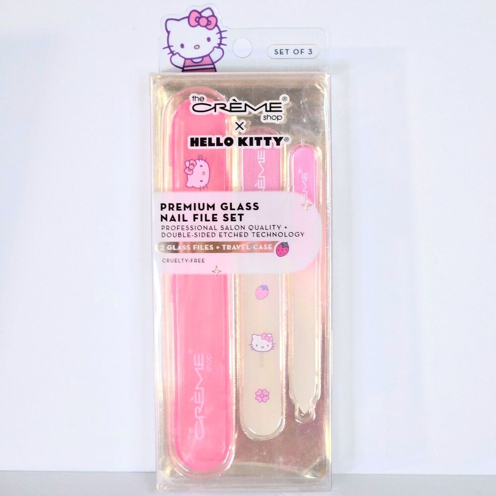 HELLO KITTY & The CRÈME SHOP Nail File Set PINK (2 Glass Files + 1 Case) NEW NIB